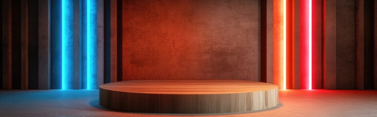 Poster - 3D rendering of a brown wall featuring a wooden podium background