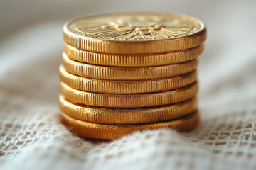 Poster - A close-up of gold coins, isolated on a pastel cream background, representing currency and value throughout history,