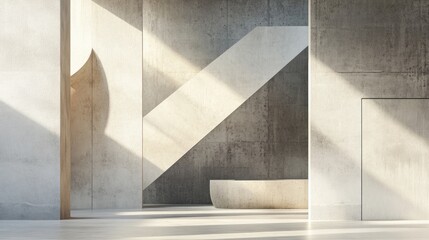 Poster - 3D rendered architectural interior featuring a concrete wall and geometric shapes