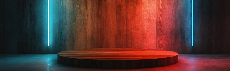 Poster - 3D rendering of a brown wall featuring a wooden podium background