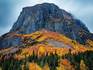 A mountain covered in trees with leaves of different colors. The leaves are changing colors, creating a beautiful and serene atmosphere