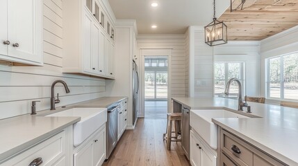Wall Mural - modern kitchen with white cabinets, farmhouse sink, and wood floors. the kitchen has a large window 