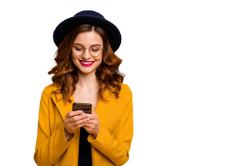 Close up photo beautiful she her toothy lady arms hands telephone check instagram followers perfect red lips pomade wear specs formal-wear costume suit isolated yellow vivid vibrant background