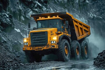 Yellow Big Truck Driver Operating Coal Hauler at Open Pit Mining Site: Industry Worker Concept