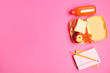 Sticker - Lunch box with snacks, bottle of juice and stationery on pink background, flat lay. Space for text