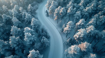 Wall Mural - Snow-covered winding road through a forest in winter Generative AI