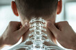 © Denis - Man with severe cervical spine neck pain holding and massages, x-ray visualization. Rehabilitation concept background.