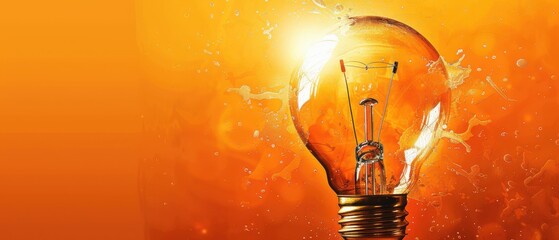 Wall Mural - Light bulb on an orange background with water droplets, concept of ideas. Free copy space for text.