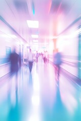 Wall Mural - Blurred motion of people walking in a hospital hallway with pink and blue lighting.