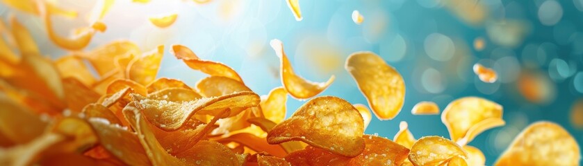 Potato chips flying in the air with spices, dynamic snack scene. Free copy space for text.