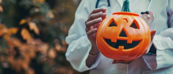 Doctor holding a pumpkin during autumn in a festive outdoor setting