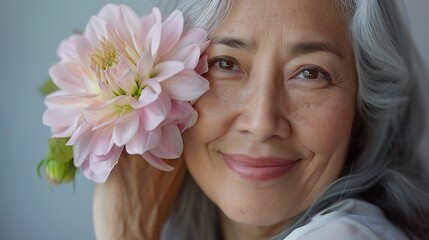 Poster - A smiling woman with gray hair holds a delicate pink flower, conveying beauty and serenity.