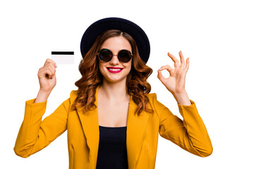 Poster - Close up photo beautiful she her lady hands arms credit plastic card show okey symbol advising vacation traveler buyer sale discount wear specs formal-wear suit isolated yellow bright background