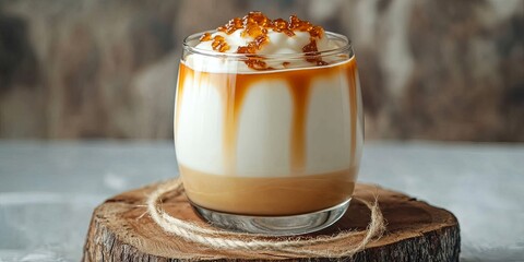 Glass of creamy dessert topped with caramel and caramel pieces on a wooden stand.