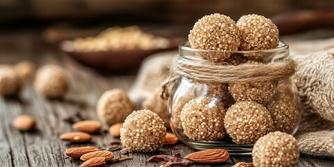 Close-up of quinoa energy balls in a glass jar with twine and almonds on rustic wooden background.