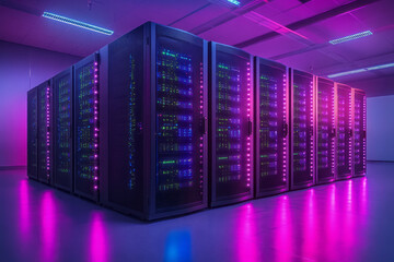 Poster - A row of server racks in a data center, isolated on a pastel lavender background, symbolizing the scale of modern computing infrastructure,