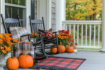 The inviting front porch is adorned with vibrant pumpkins, colorful flowers, and cozy rocking chairs, perfect for autumn relaxation.