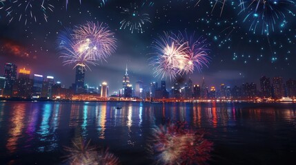 Illustration of fireworks display over a city skyline. 