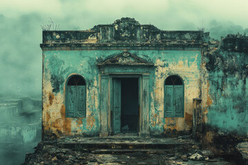 Poster - A building in ruins, isolated on a pastel green background, representing the physical destruction resulting from political conflict,