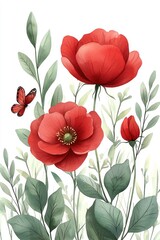 Poster - Watercolor Red Poppies with Butterfly