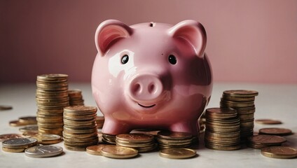 A bright and friendly pink piggy bank encircled by a collection of coins