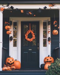 Wall Mural - The front door is adorned with an array of Halloween decorations, featuring carved pumpkins, a wreath, and colorful autumn leaves hanging.