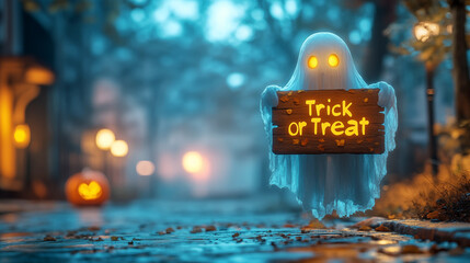 Wall Mural - Halloween background with ghost and text Trick or Treat. 3D rendering