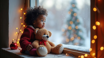 Wall Mural - Cute boy and teddy by the winter window