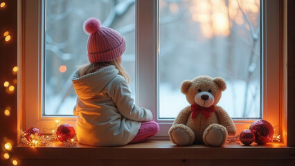 Wall Mural - Girl and her teddy by the window with copy space