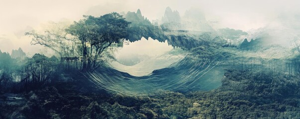 A mesmerizing landscape featuring swirling waves and ethereal trees, creating a serene and dreamlike atmosphere.