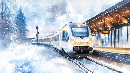 Watercolor illustration of a modern passenger train at a station in a winter landscape Digital painting