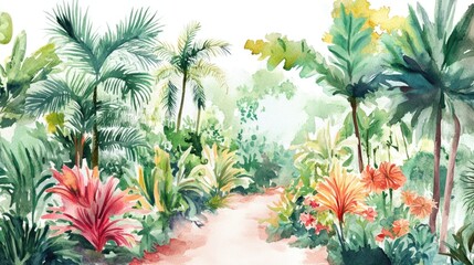 Watercolor illustration of a botanical garden