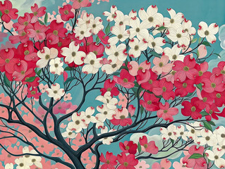 Wall Mural - A painting of a tree with pink and white flowers. The painting has a serene and peaceful mood, with the pink and white flowers creating a sense of calmness and tranquility