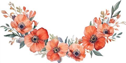 Wall Mural - Watercolor illustration of a floral wreath featuring red blooms