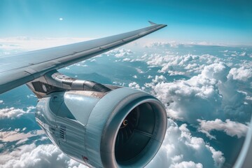 Wall Mural - Airplane wing flying above white clouds, great for travel or aviation themes