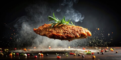 Flying fry juicy steak with spices against black background, flying, fry, juicy, steak, spices, black background, food, delicious