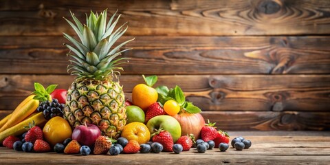 fresh pineapple with assorted summer fruits on a rustic table , pineapple, pineapple slices, tropica