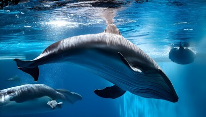 Whale swimming over the surface of the water close up view