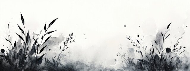 Poster - Watercolor illustration of a black and white nature scene featuring natural elements and artistic brushwork