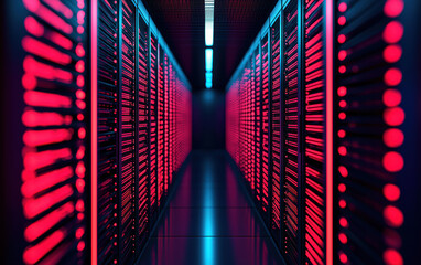 Wall Mural - Modern data center with high-tech servers, illuminated by red and blue lights, showcasing advanced technology and fast connectivity.