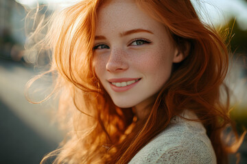 Wall Mural - Portraits of a charming red-haired girl with a cute face. Girl posing for the camera in the city center. She has a wonderful mood and a lovely smile