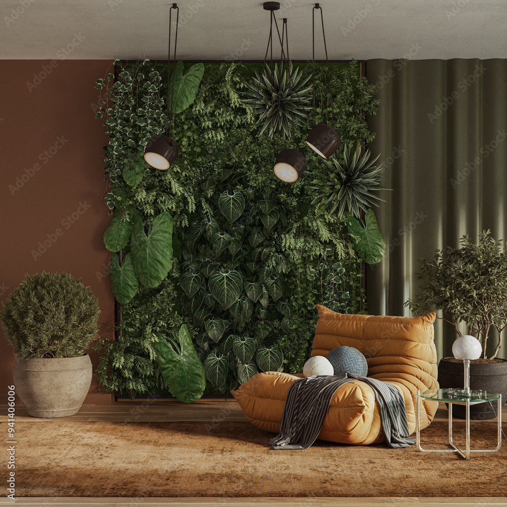 Vertical Green Wall in modern living room interior design, 3d render ...