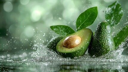 Close-up of a ripe fresh green avocado with water droplets on its leaves