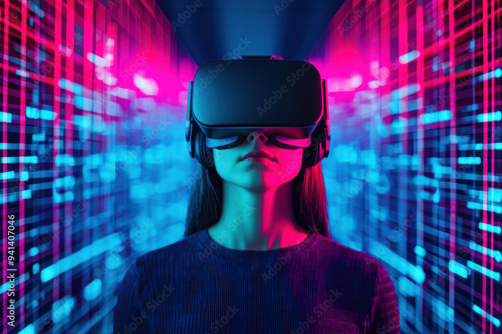Woman experiencing virtual reality with VR headset in a neon digital ...