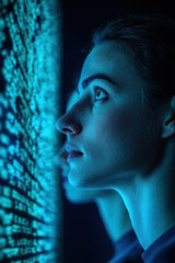 Sticker - Close-up of a woman gazing at a digital screen glowing with data. The image highlights technology, focus, and modern innovation.