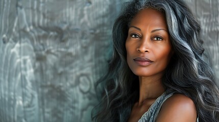 Canvas Print - A woman with long hair is standing in front of a wooden wall