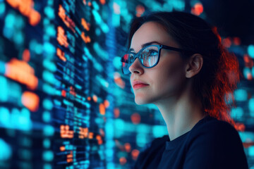 Sticker - Focused young woman in glasses analyzing data on multiple computer screens, representing technology and data science.