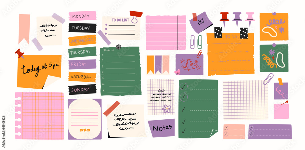 Set of cartoon papers notes, office forms. Sticky stickers reminders ...