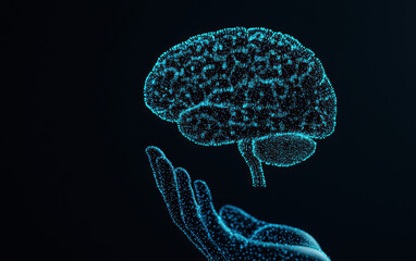 Wall Mural - Digital rendering of a human brain above a hand, symbolizing artificial intelligence and futuristic technology on a dark background.