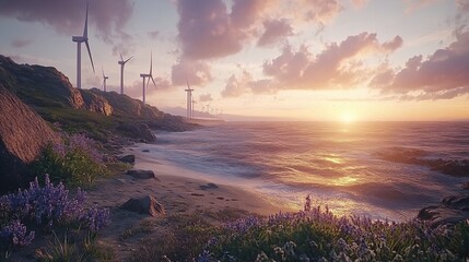 A serene sunset illuminating the coastline with wind turbines and blooming flowers along the shore